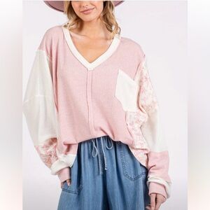 314. Casual Waffle Chic Floral Pullover Top